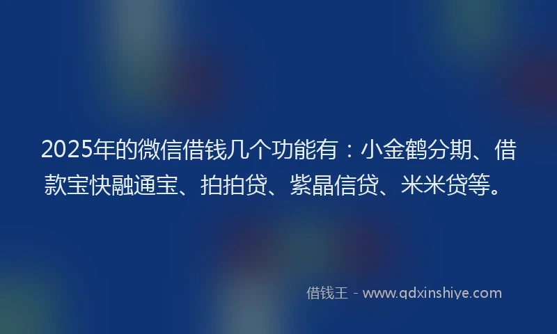 2025年的微信借钱几个功能有：小金鹤分期、借款宝快融通宝、拍拍贷、紫晶信贷、米米贷等。