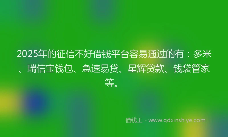 2025年的征信不好借钱平台容易通过的有：多米、瑞信宝钱包、急速易贷、星辉贷款、钱袋管家等。