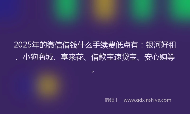 2025年的微信借钱什么手续费低点有：银河好租、小狗商城、享来花、借款宝速贷宝、安心购等。
