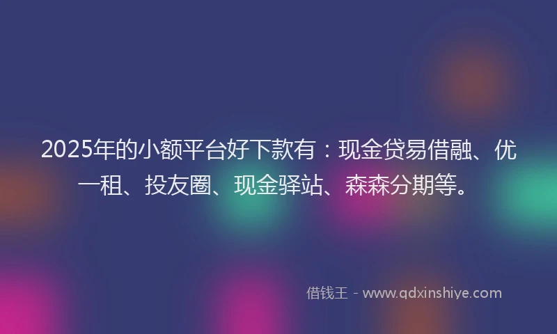 2025年的小额平台好下款有：现金贷易借融、优一租、投友圈、现金驿站、森森分期等。