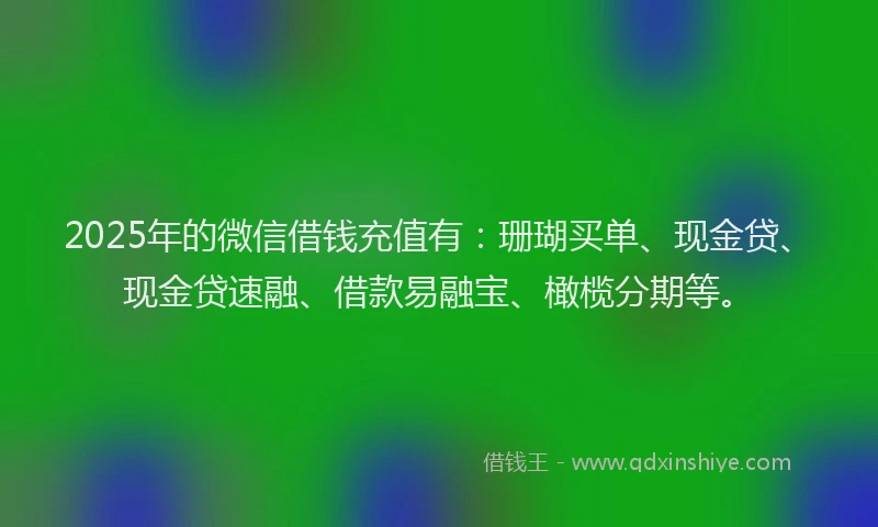 2025年的微信借钱充值有：珊瑚买单、现金贷、现金贷速融、借款易融宝、橄榄分期等。