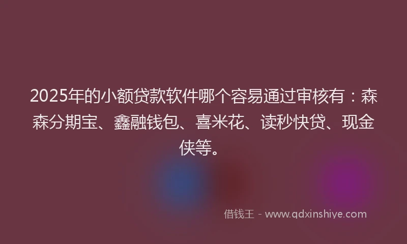 2025年的小额贷款软件哪个容易通过审核有：森森分期宝、鑫融钱包、喜米花、读秒快贷、现金侠等。
