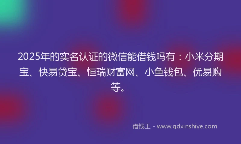 2025年的实名认证的微信能借钱吗有：小米分期宝、快易贷宝、恒瑞财富网、小鱼钱包、优易购等。