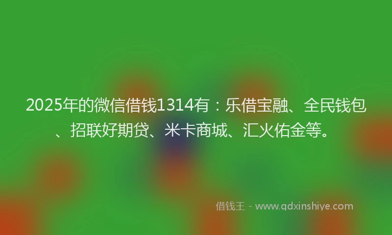2025年的微信借钱1314有：乐借宝融、全民钱包、招联好期贷、米卡商城、汇火佑金等。