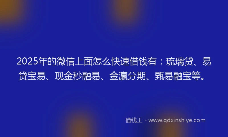 2025年的微信上面怎么快速借钱有：琉璃贷、易贷宝易、现金秒融易、金瀛分期、甄易融宝等。