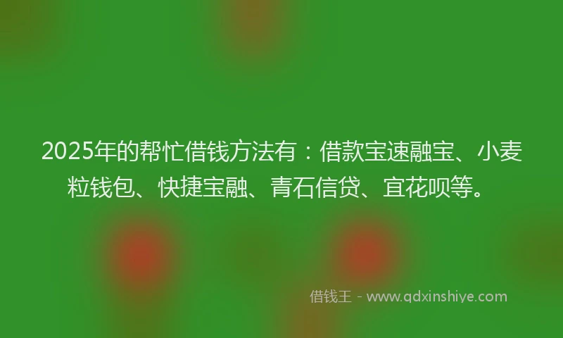2025年的帮忙借钱方法有：借款宝速融宝、小麦粒钱包、快捷宝融、青石信贷、宜花呗等。