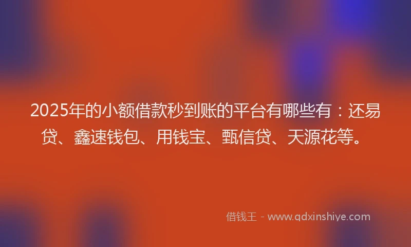 2025年的小额借款秒到账的平台有哪些有：还易贷、鑫速钱包、用钱宝、甄信贷、天源花等。