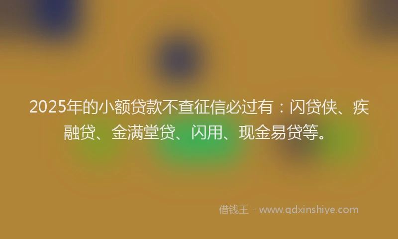 2025年的小额贷款不查征信必过有：闪贷侠、疾融贷、金满堂贷、闪用、现金易贷等。