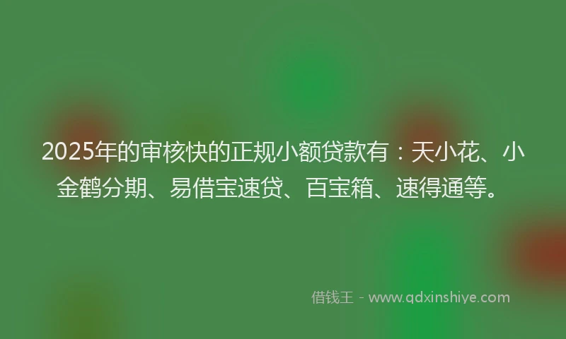 2025年的审核快的正规小额贷款有：天小花、小金鹤分期、易借宝速贷、百宝箱、速得通等。
