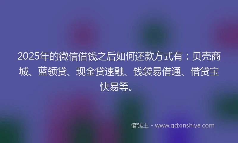2025年的微信借钱之后如何还款方式有：贝壳商城、蓝领贷、现金贷速融、钱袋易借通、借贷宝快易等。