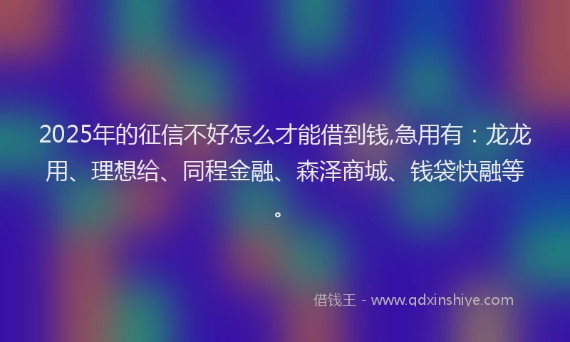 2025年的征信不好怎么才能借到钱,急用有：龙龙用、理想给、同程金融、森泽商城、钱袋快融等。