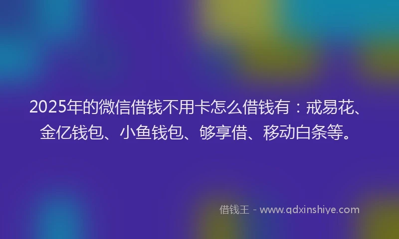 2025年的微信借钱不用卡怎么借钱有：戒易花、金亿钱包、小鱼钱包、够享借、移动白条等。