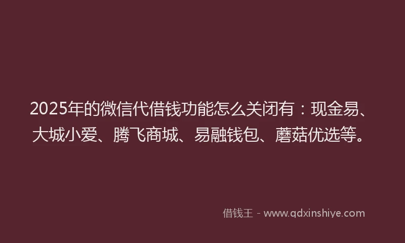 2025年的微信代借钱功能怎么关闭有：现金易、大城小爱、腾飞商城、易融钱包、蘑菇优选等。