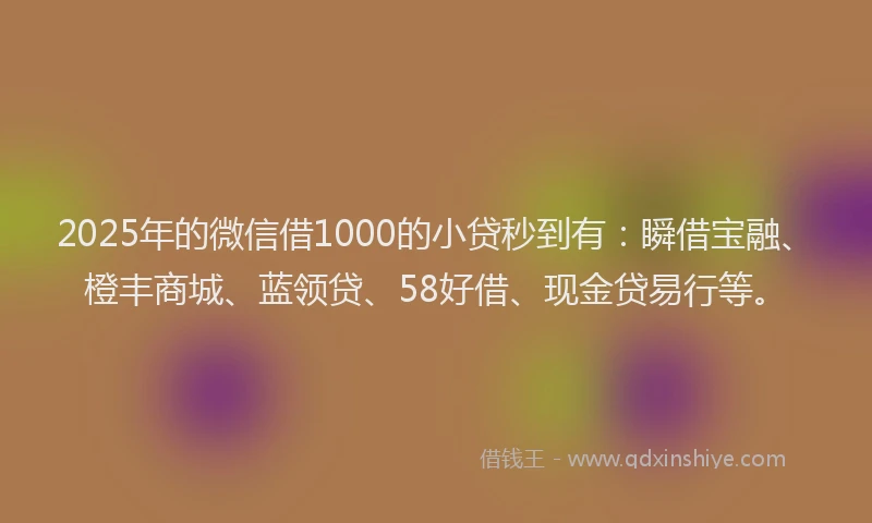 2025年的微信借1000的小贷秒到有：瞬借宝融、橙丰商城、蓝领贷、58好借、现金贷易行等。