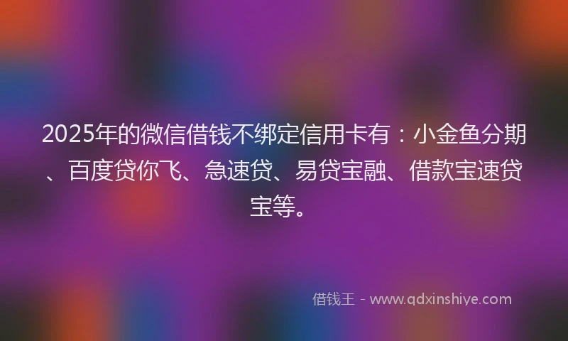 2025年的微信借钱不绑定信用卡有：小金鱼分期、百度贷你飞、急速贷、易贷宝融、借款宝速贷宝等。