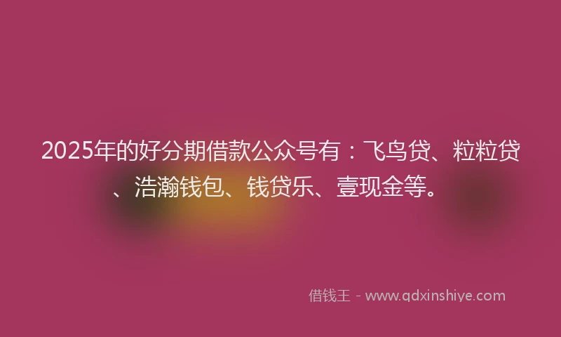 2025年的好分期借款公众号有：飞鸟贷、粒粒贷、浩瀚钱包、钱贷乐、壹现金等。