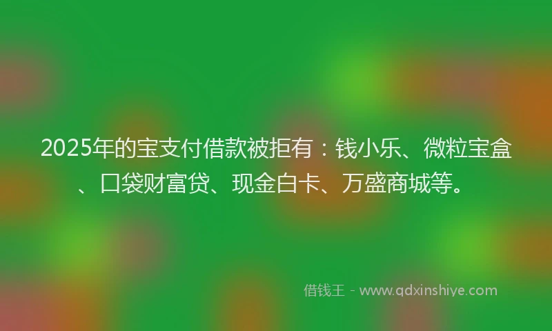 2025年的宝支付借款被拒有：钱小乐、微粒宝盒、口袋财富贷、现金白卡、万盛商城等。