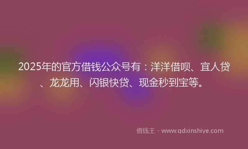 2025年的官方借钱公众号有：洋洋借呗、宜人贷、龙龙用、闪银快贷、现金秒到宝等。