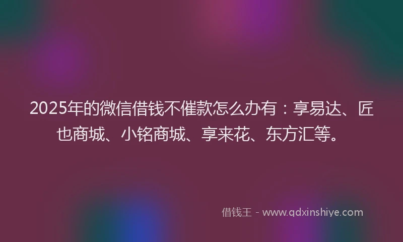 2025年的微信借钱不催款怎么办有：享易达、匠也商城、小铭商城、享来花、东方汇等。