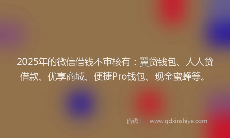 2025年的微信借钱不审核有：翼贷钱包、人人贷借款、优享商城、便捷Pro钱包、现金蜜蜂等。