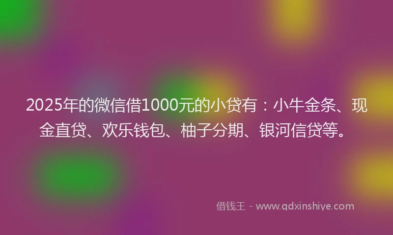 2025年的微信借1000元的小贷有：小牛金条、现金直贷、欢乐钱包、柚子分期、银河信贷等。