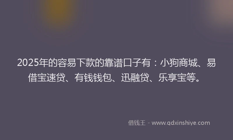2025年的容易下款的靠谱口子有：小狗商城、易借宝速贷、有钱钱包、迅融贷、乐享宝等。