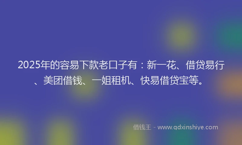 2025年的容易下款老口子有：新一花、借贷易行、美团借钱、一姐租机、快易借贷宝等。