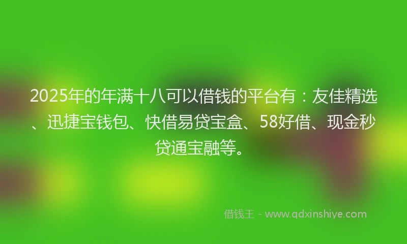2025年的年满十八可以借钱的平台有：友佳精选、迅捷宝钱包、快借易贷宝盒、58好借、现金秒贷通宝融等。