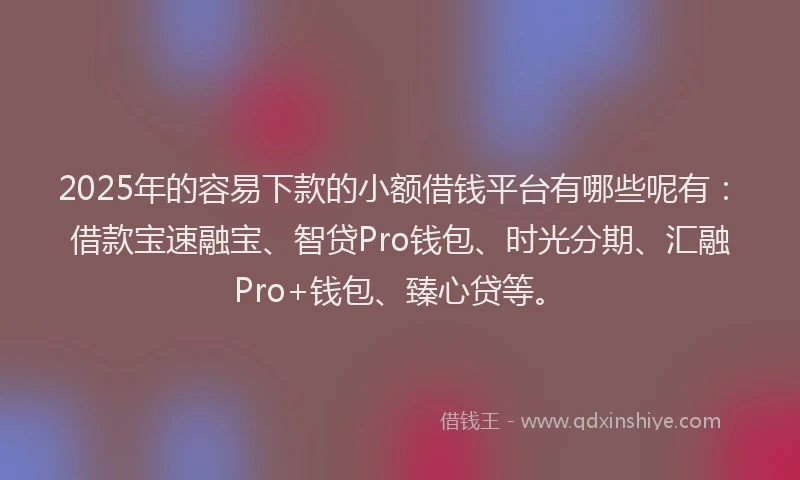 2025年的容易下款的小额借钱平台有哪些呢有：借款宝速融宝、智贷Pro钱包、时光分期、汇融Pro+钱包、臻心贷等。