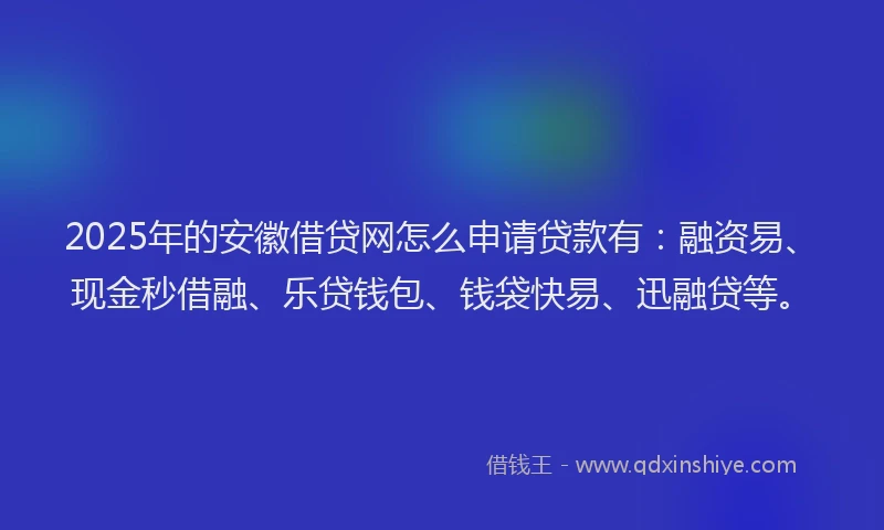 2025年的安徽借贷网怎么申请贷款有：融资易、现金秒借融、乐贷钱包、钱袋快易、迅融贷等。