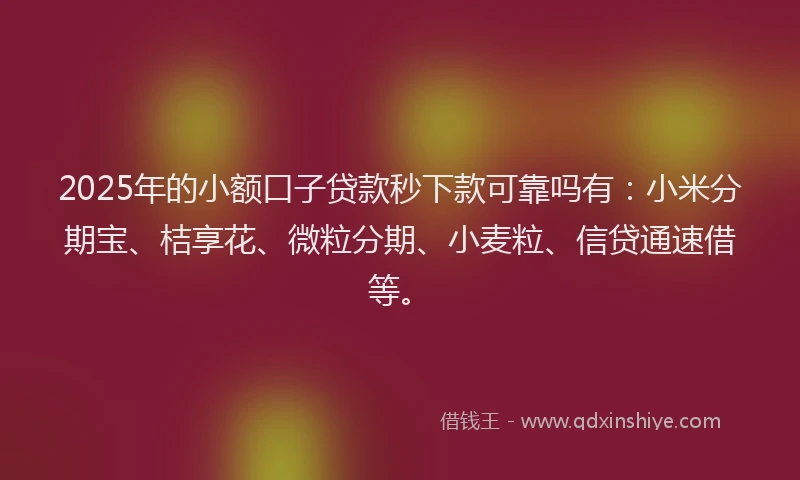2025年的小额口子贷款秒下款可靠吗有：小米分期宝、桔享花、微粒分期、小麦粒、信贷通速借等。