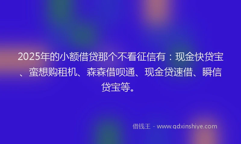 2025年的小额借贷那个不看征信有：现金快贷宝、蛮想购租机、森森借呗通、现金贷速借、瞬信贷宝等。