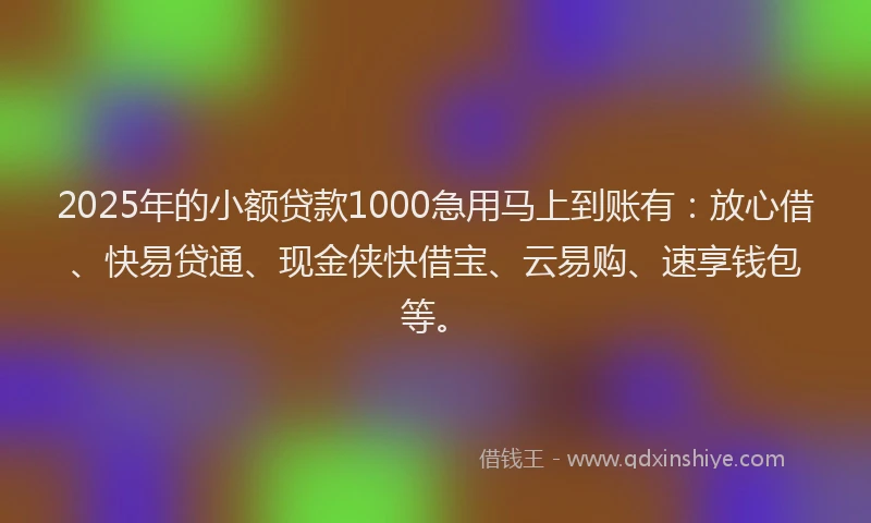 2025年的小额贷款1000急用马上到账有：放心借、快易贷通、现金侠快借宝、云易购、速享钱包等。