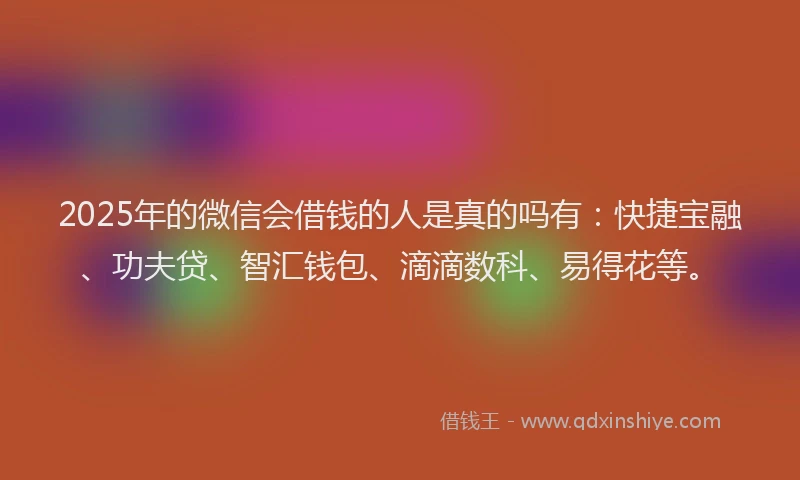2025年的微信会借钱的人是真的吗有：快捷宝融、功夫贷、智汇钱包、滴滴数科、易得花等。
