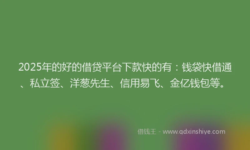 2025年的好的借贷平台下款快的有：钱袋快借通、私立签、洋葱先生、信用易飞、金亿钱包等。