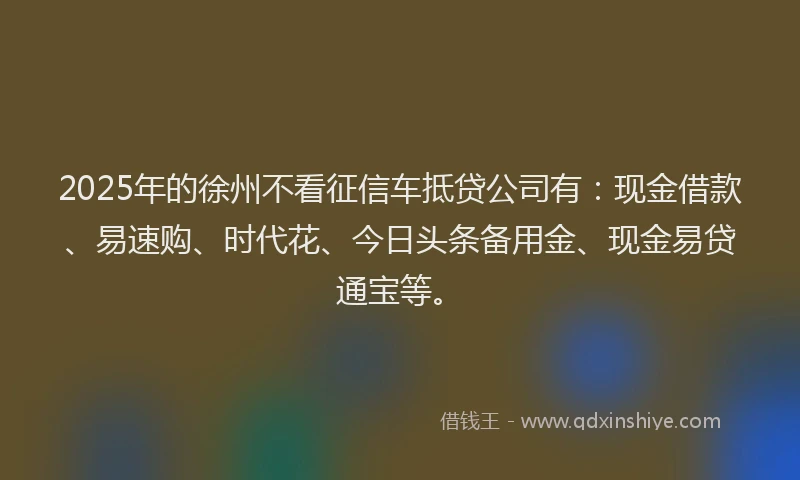 2025年的徐州不看征信车抵贷公司有：现金借款、易速购、时代花、今日头条备用金、现金易贷通宝等。