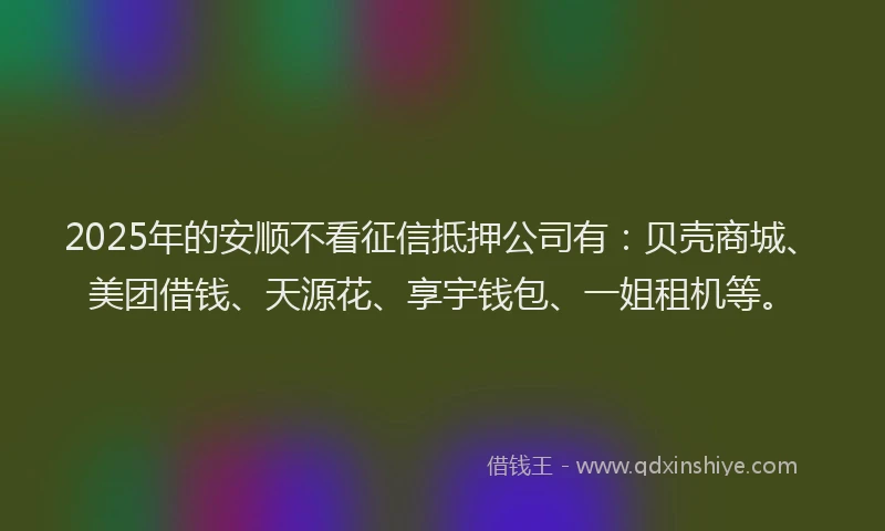 2025年的安顺不看征信抵押公司有：贝壳商城、美团借钱、天源花、享宇钱包、一姐租机等。