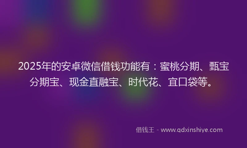 2025年的安卓微信借钱功能有：蜜桃分期、甄宝分期宝、现金直融宝、时代花、宜口袋等。