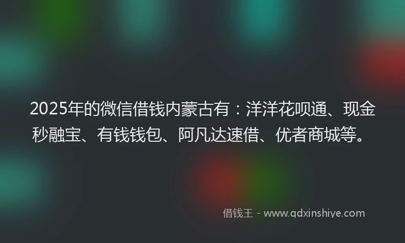 2025年的微信借钱内蒙古有：洋洋花呗通、现金秒融宝、有钱钱包、阿凡达速借、优者商城等。
