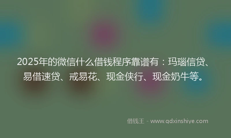 2025年的微信什么借钱程序靠谱有：玛瑙信贷、易借速贷、戒易花、现金侠行、现金奶牛等。