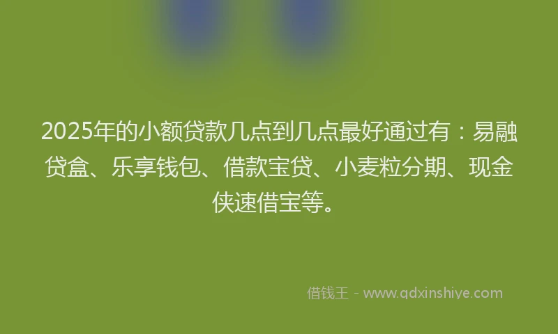 2025年的小额贷款几点到几点最好通过有：易融贷盒、乐享钱包、借款宝贷、小麦粒分期、现金侠速借宝等。
