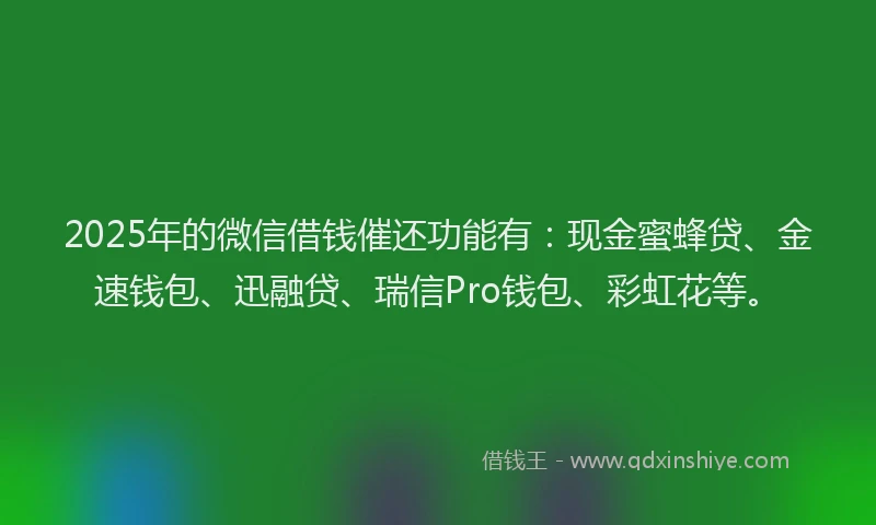 2025年的微信借钱催还功能有：现金蜜蜂贷、金速钱包、迅融贷、瑞信Pro钱包、彩虹花等。