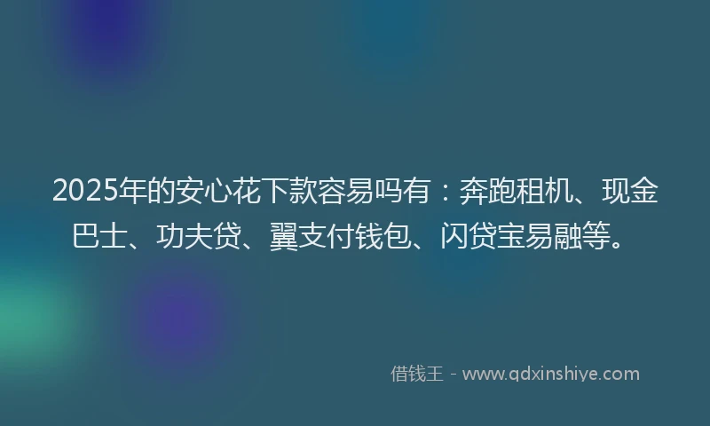 2025年的安心花下款容易吗有：奔跑租机、现金巴士、功夫贷、翼支付钱包、闪贷宝易融等。