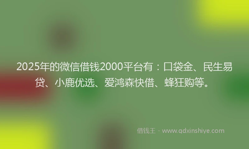 2025年的微信借钱2000平台有：口袋金、民生易贷、小鹿优选、爱鸿森快借、蜂狂购等。