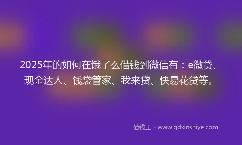 2025年的如何在饿了么借钱到微信有：e微贷、现金达人、钱袋管家、我来贷、快易花贷等。