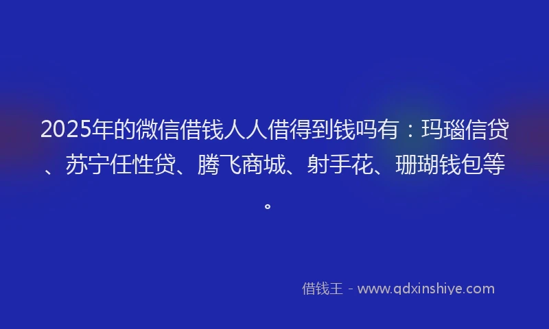 2025年的微信借钱人人借得到钱吗有：玛瑙信贷、苏宁任性贷、腾飞商城、射手花、珊瑚钱包等。