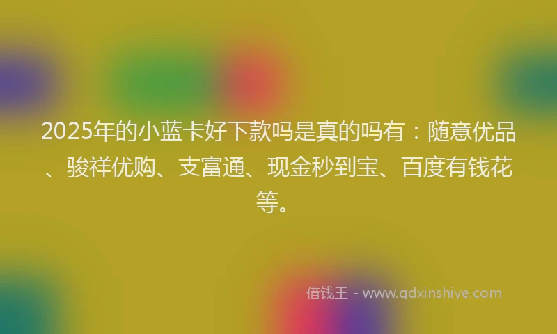 2025年的小蓝卡好下款吗是真的吗有：随意优品、骏祥优购、支富通、现金秒到宝、百度有钱花等。