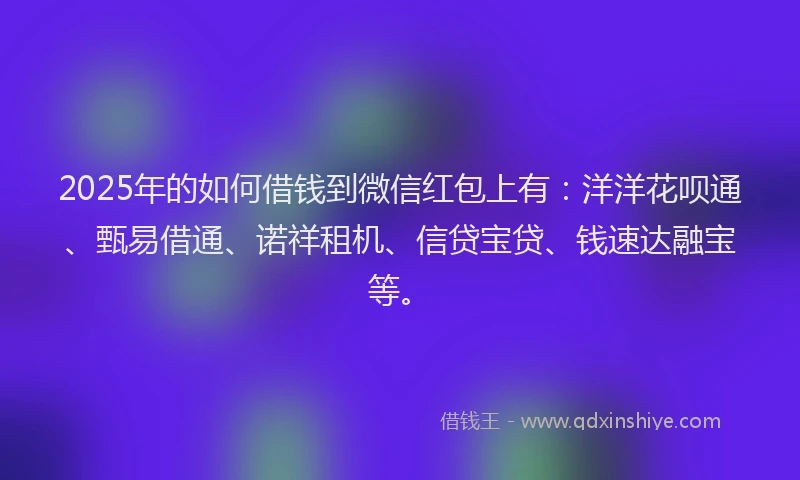 2025年的如何借钱到微信红包上有：洋洋花呗通、甄易借通、诺祥租机、信贷宝贷、钱速达融宝等。