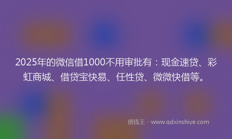 2025年的微信借1000不用审批有：现金速贷、彩虹商城、借贷宝快易、任性贷、微微快借等。
