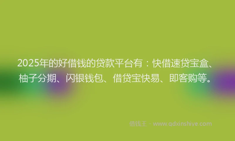 2025年的好借钱的贷款平台有：快借速贷宝盒、柚子分期、闪银钱包、借贷宝快易、即客购等。